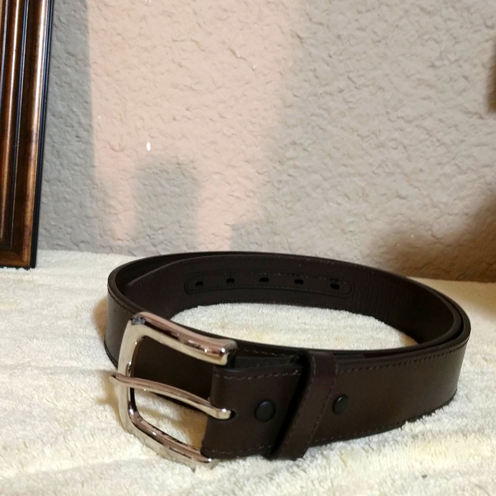 Men's Genuine Leather Belt Heavy Square Brushed Silver Nickel Buckle Size 38